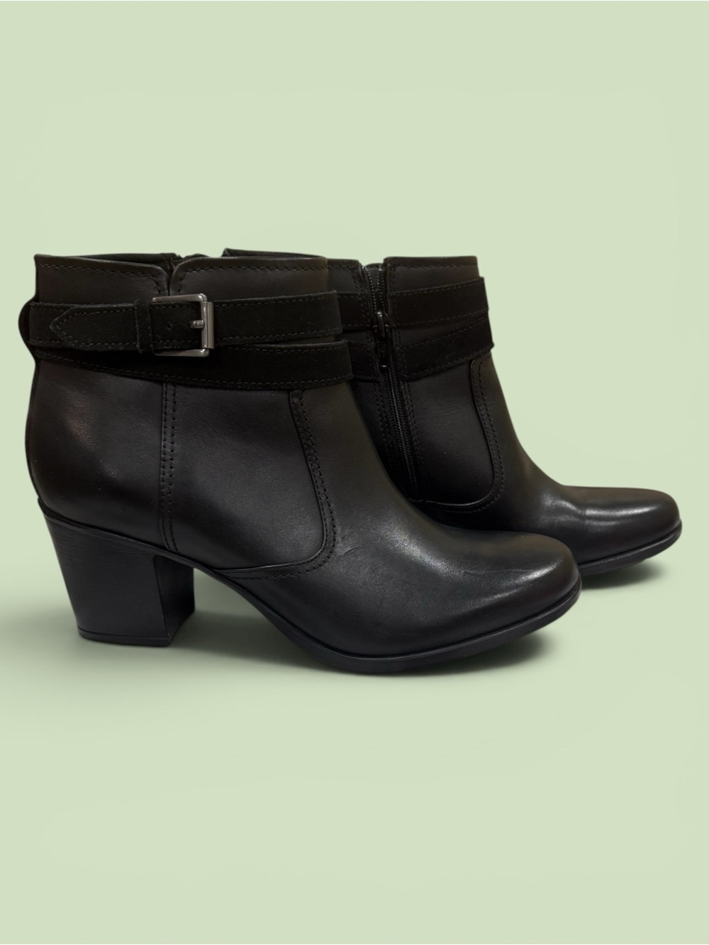 Clarks Black Leather Ankle Booties with Buckle Strap Accent